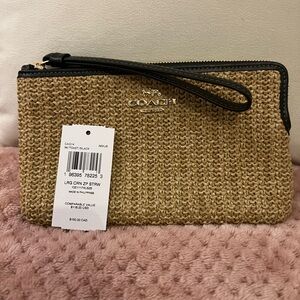 Coach Straw Wristlet with Black Leather Trim